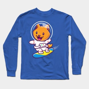 Cute Cat Astronaut Surfing In Space Cartoon Long Sleeve T-Shirt